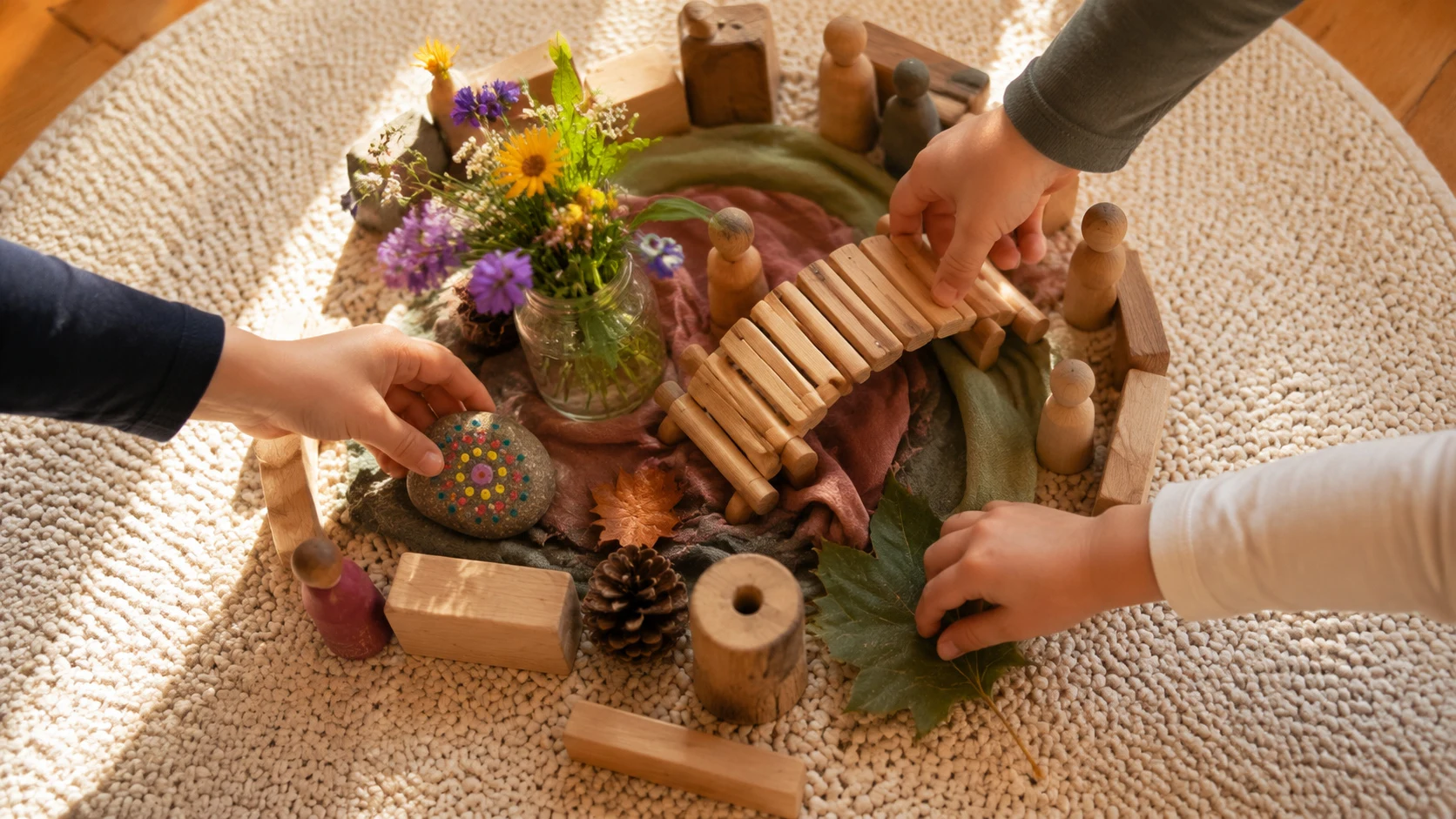 Auf einem hellen Teppich bauen mehrere Hände eine kleine Landschaft: eine Holzbrücke über ein Tuch, dazu Holzfiguren, Blätter, ein Zapfen und ein Glas mit Wiesenblumen.